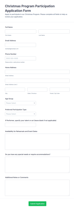 Christmas Program Participation Application Form Template