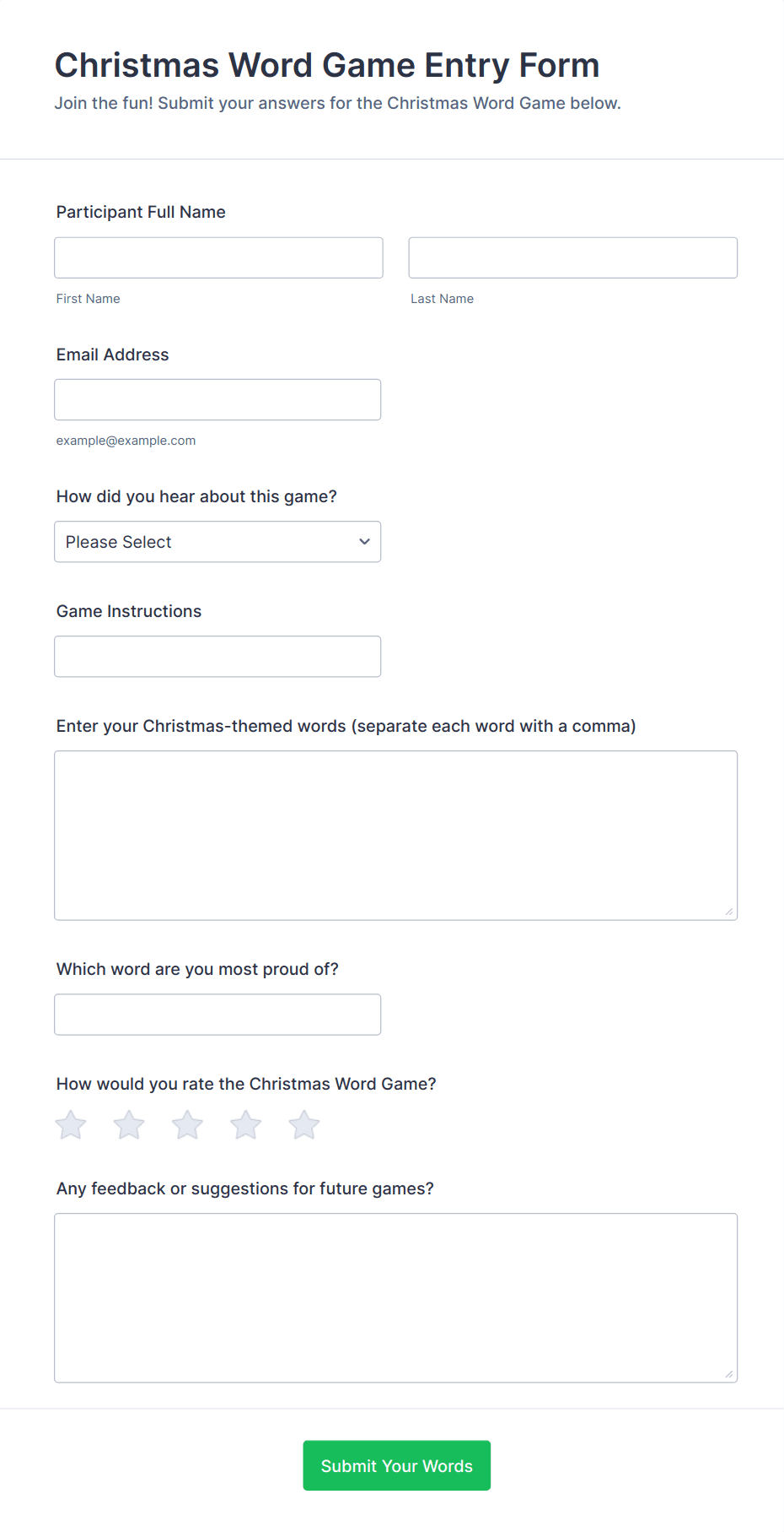 Christmas Word Game Entry Form Template | Jotform