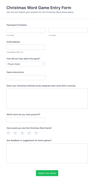 Christmas Word Game Entry Form Template