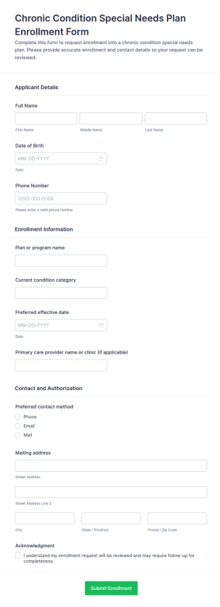 Chronic Condition Special Needs Plan Enrollment Application Form Template