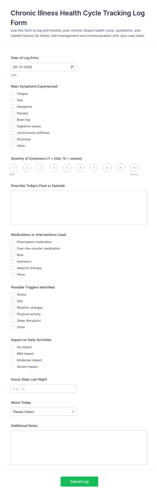 Chronic Illness Health Cycle Tracking Log Form Template