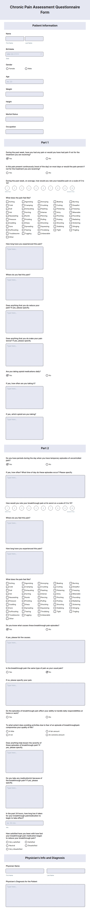 Chronic Pain Assessment Questionnaire Form Template