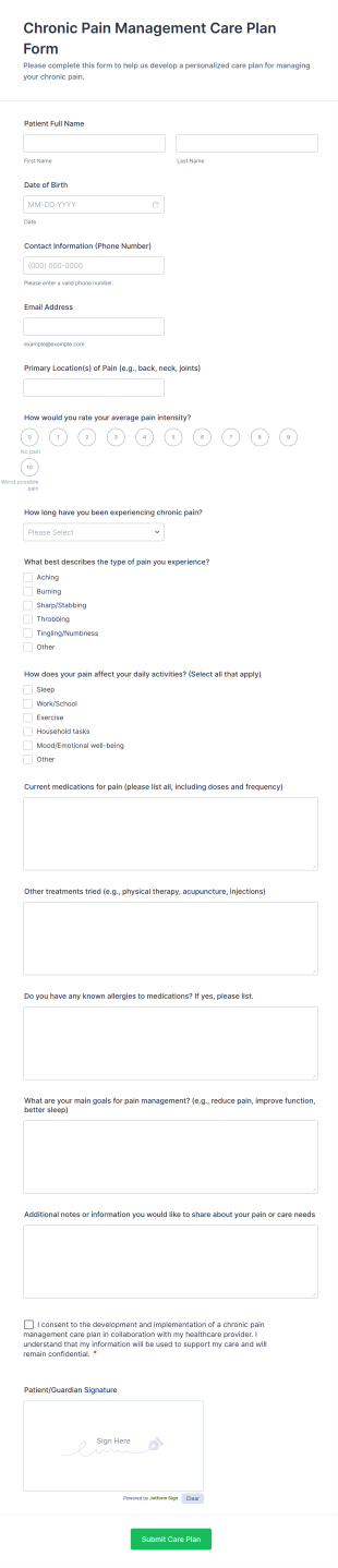 Chronic Pain Management Care Plan Form Template