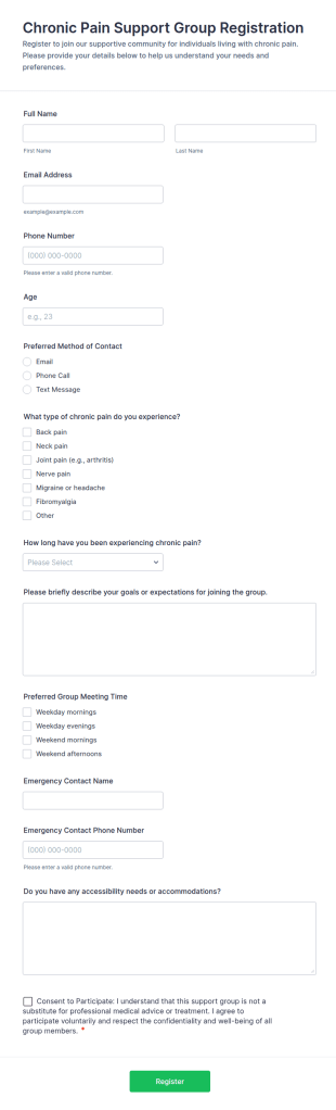 Chronic Pain Support Group Registration Form Template