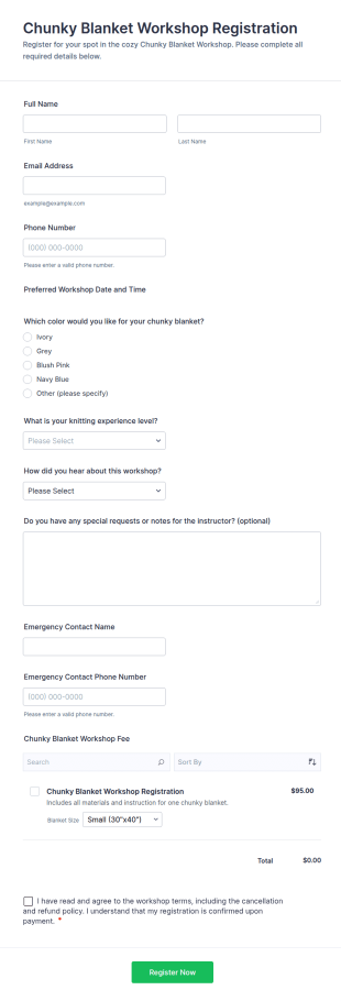 Chunky Blanket Workshop Registration Form Template