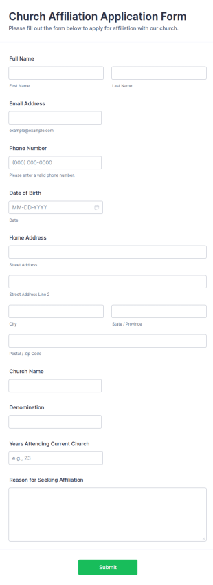 Church Affiliation Application Form Template