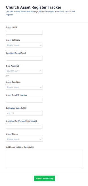 Church Asset Register Tracker Form Template