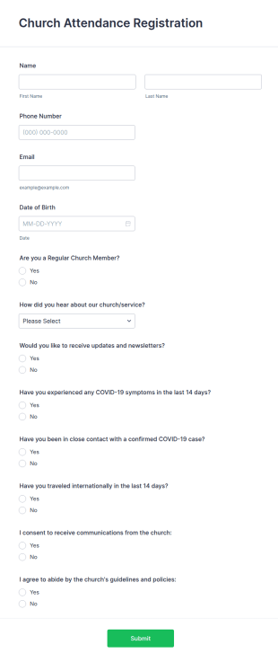 Church Attendance Registration Form Template