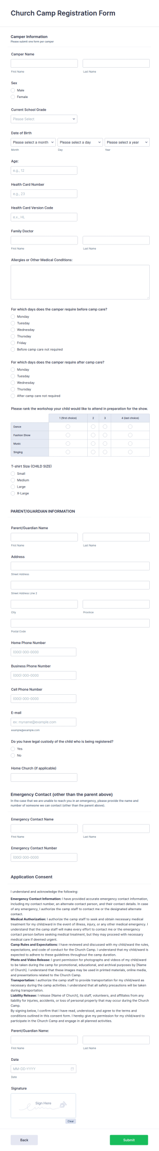 Church Camp Registration Form Template