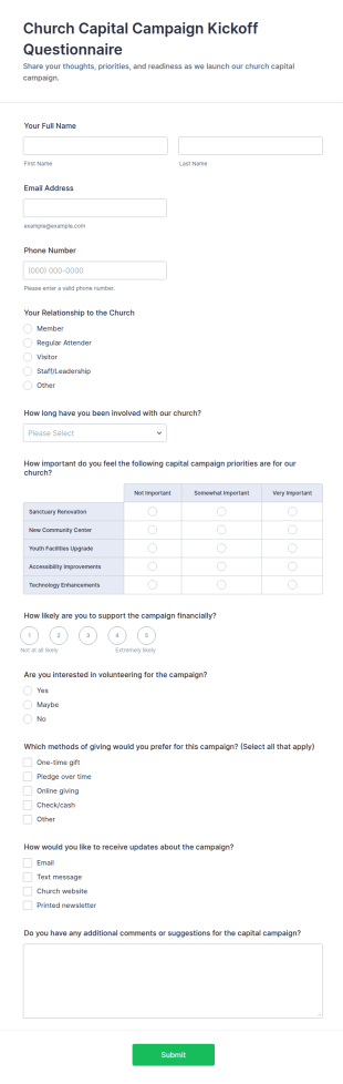 Church Capital Campaign Kickoff Questionnaire Form Template