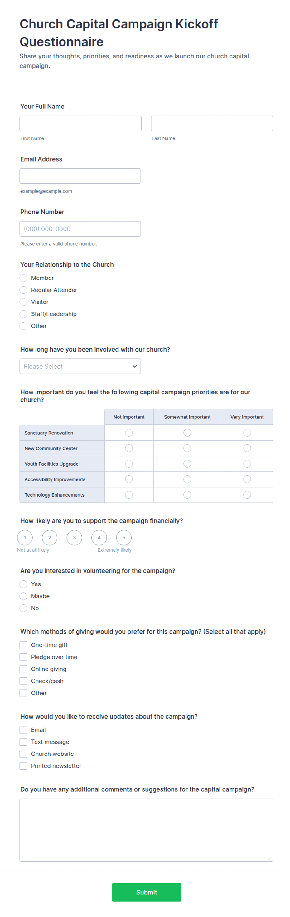 Church Capital Campaign Kickoff Questionnaire Form Template | Jotform
