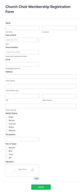 Church Choir Membership Registration Form Template