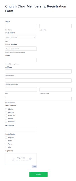 Church Choir Membership Registration Form Template