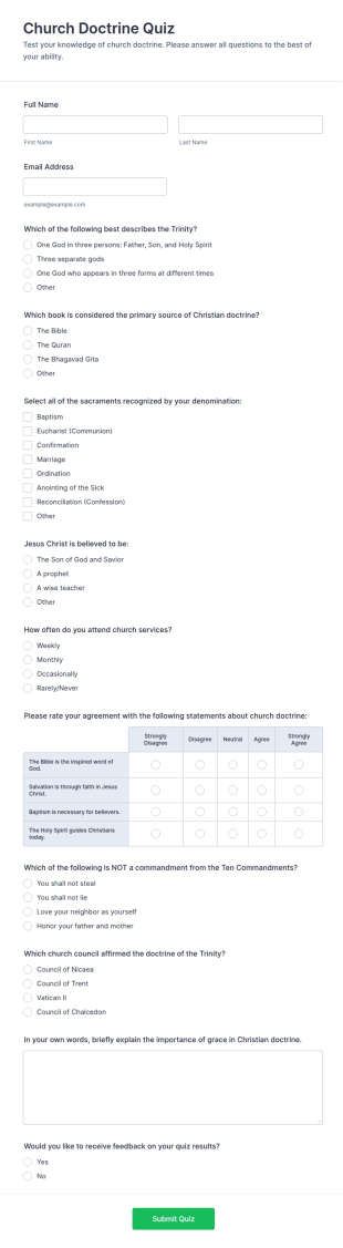 Church Doctrine Quiz Form Template