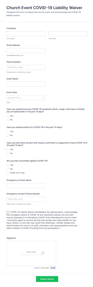 Church Event COVID 19 Liability Waiver Form Template