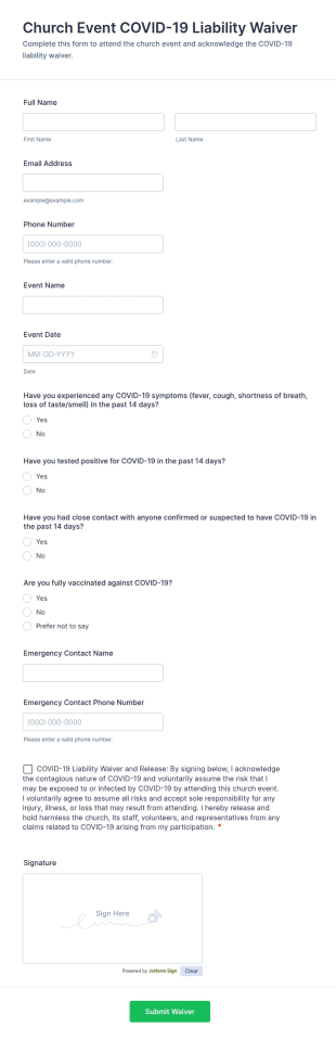 Church Event COVID 19 Liability Waiver Form Template