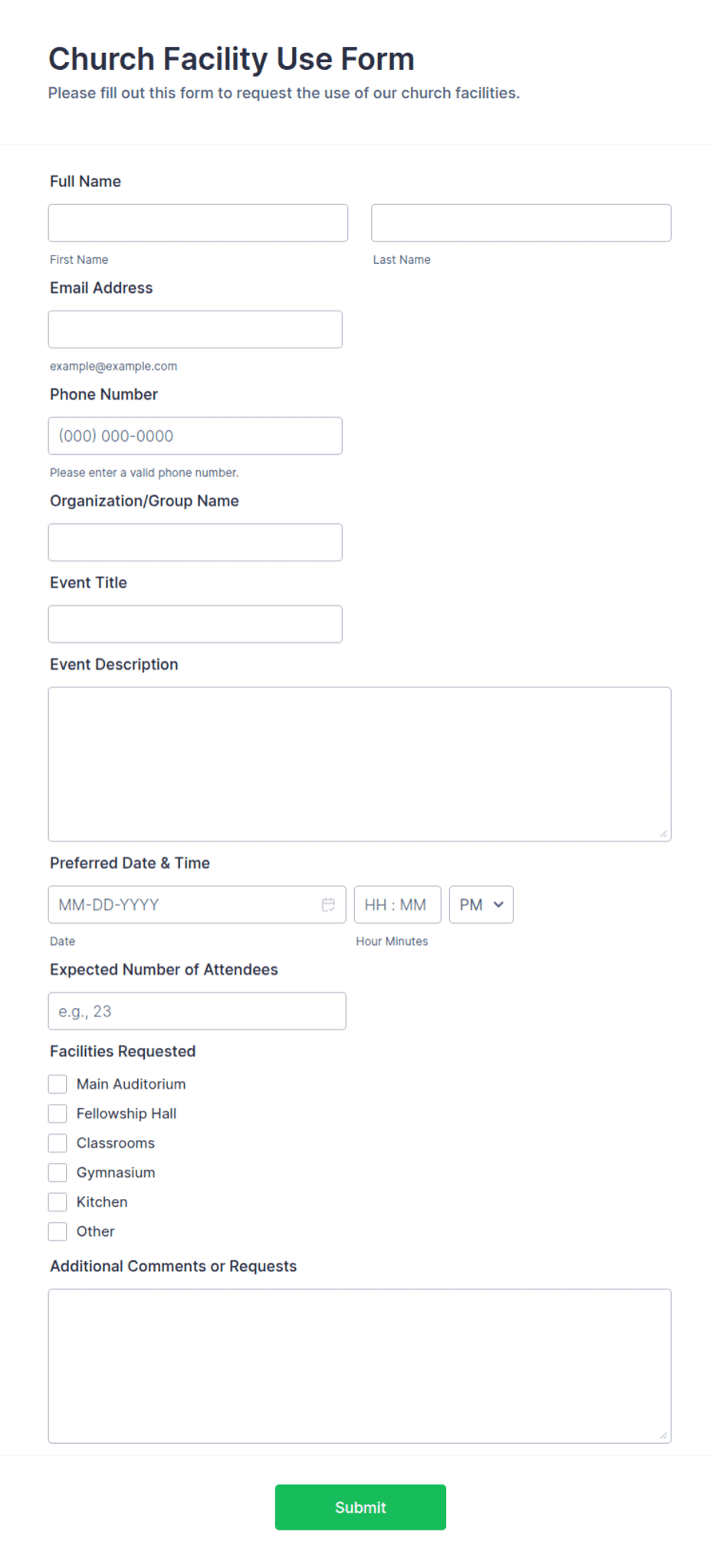 Own Use Form Church Facility Use Form Template | Jotform