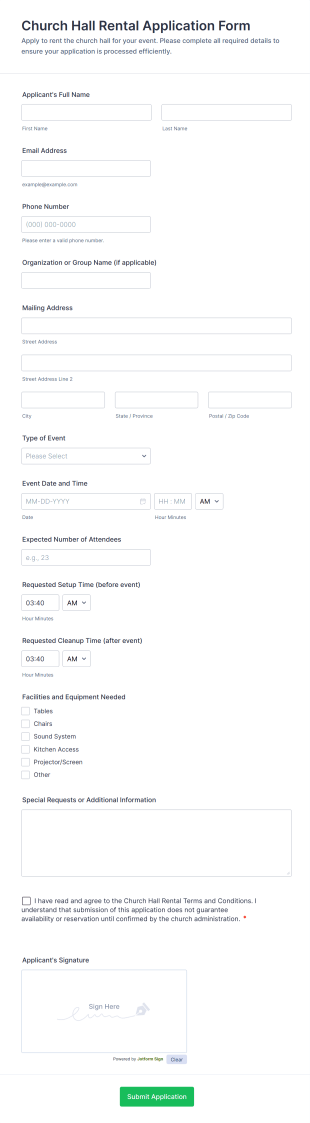 Church Hall Rental Application Form Template