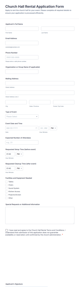 Church Hall Rental Application Form Template