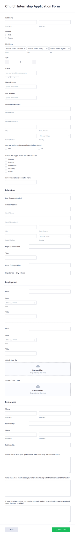 Church Internship Application Form Template