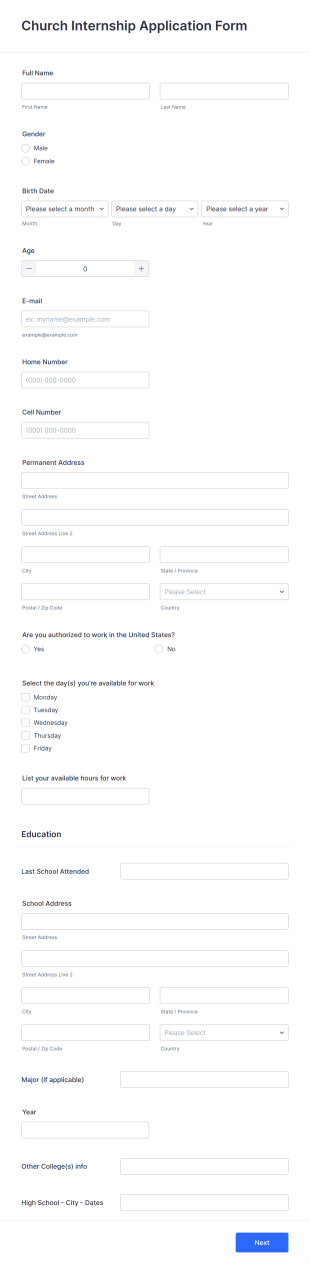 Church Internship Application Form Template