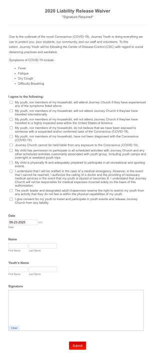 Church Liability Release Waiver Form Template