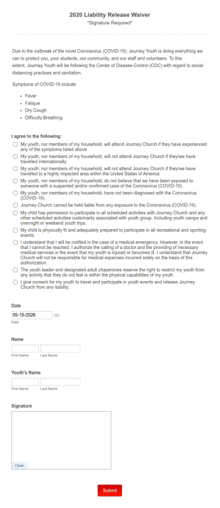 Church Liability Release Waiver Form Template