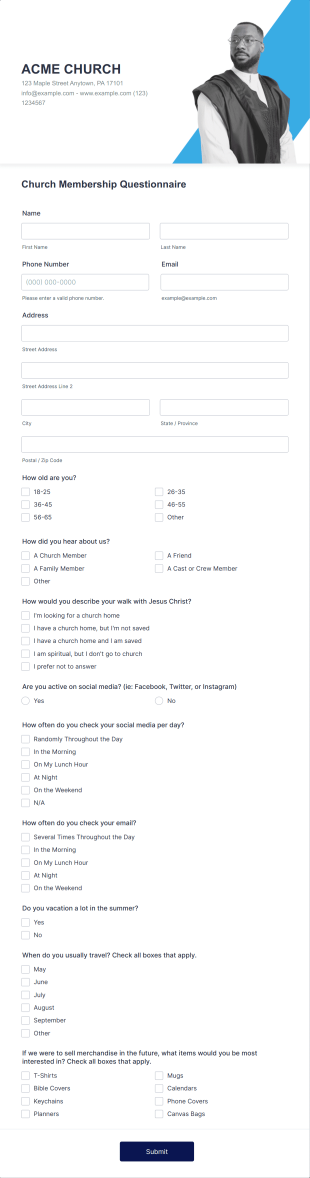 Church Membership Questionnaire Form Template