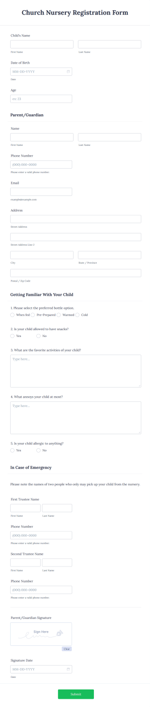 Church Nursery Registration Form Template