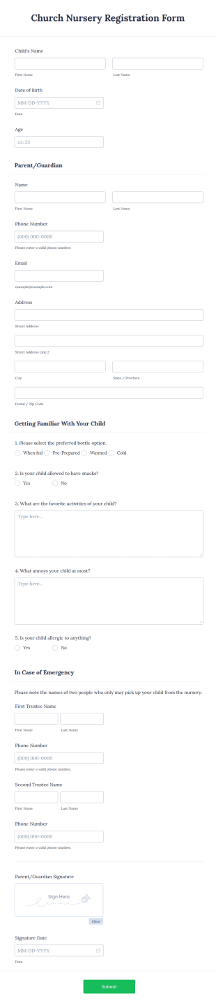 Church Nursery Registration Form Template