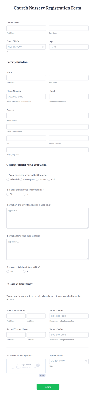 Church Nursery Registration Form Template