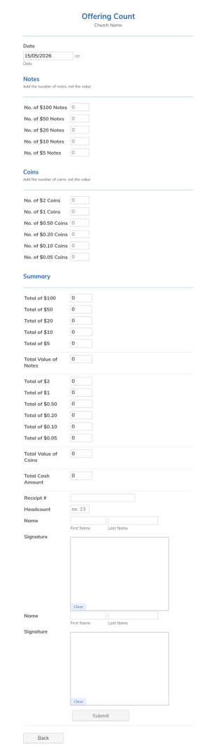 Church Offering Count Form Template