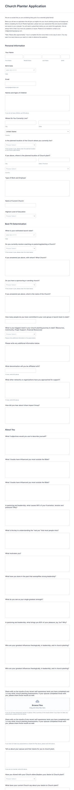 Church Planter Application Form Template
