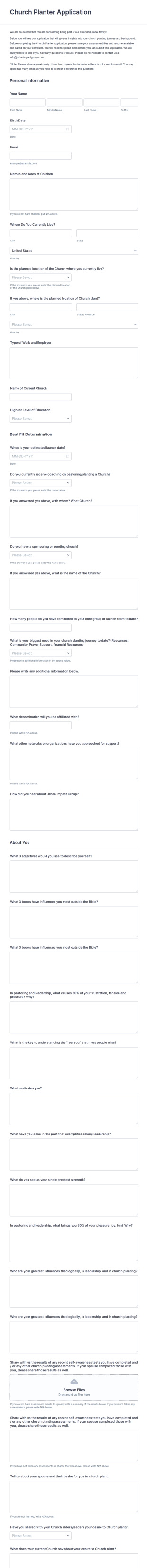 Church Planter Application Form Template