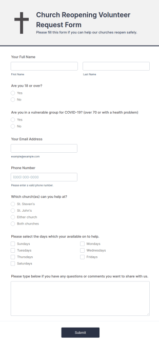 Church Reopening Volunteer Request Form Template