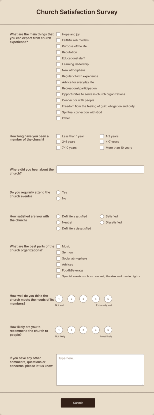 Church Satisfaction Survey Form Template