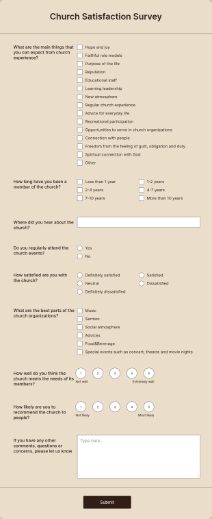 Church Satisfaction Survey Form Template