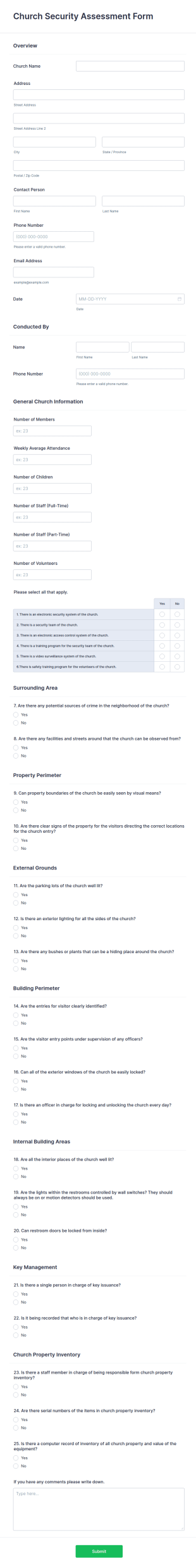 Church Security Assessment Form Template
