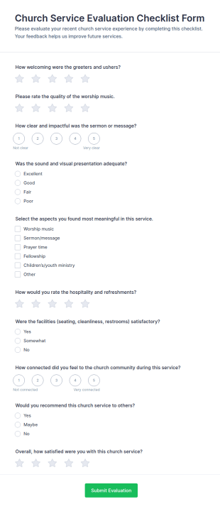 Church Service Evaluation Checklist Form Template
