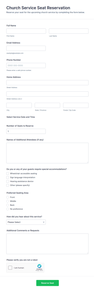 Church Service Seat Reservation Form Template