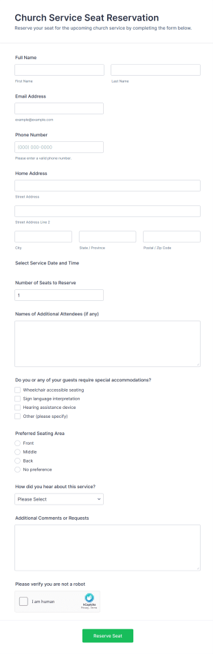 Church Service Seat Reservation Form Template
