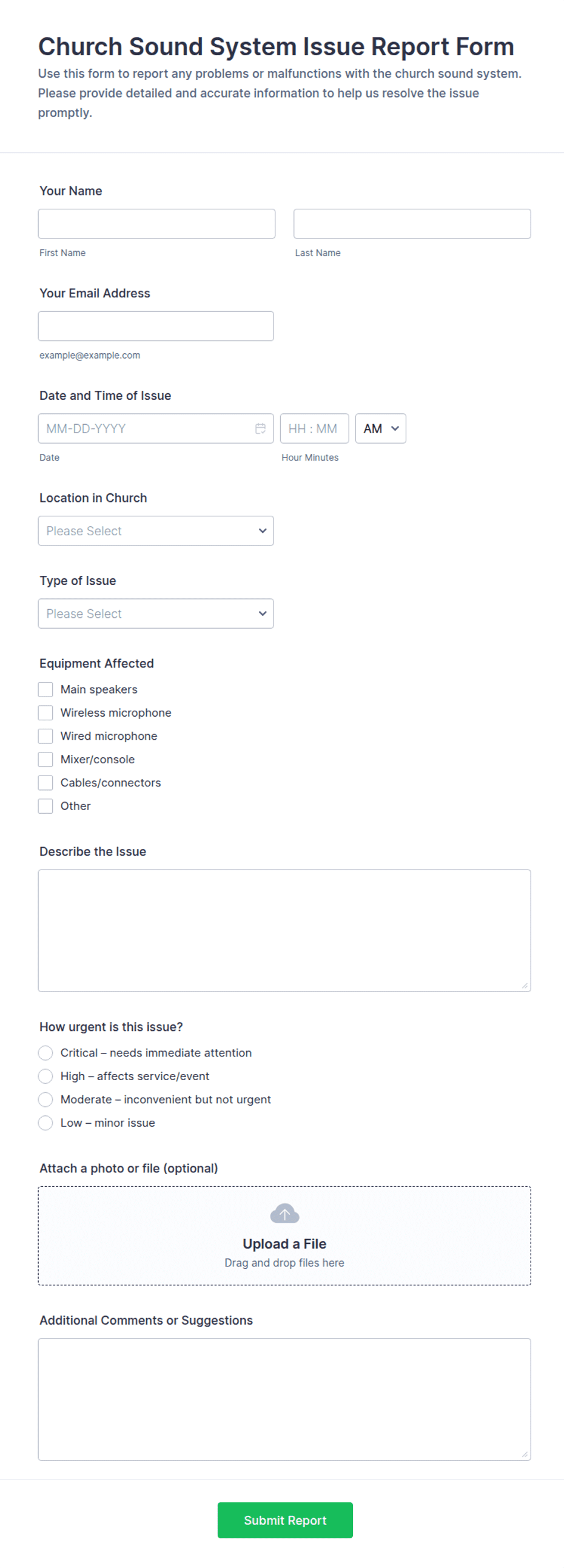 Mircrosoft Forms Report Examples Church Sound System Issue Report Form Template | Jotform