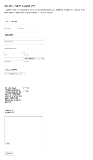 Church Suite Under 18's Permission Form Template
