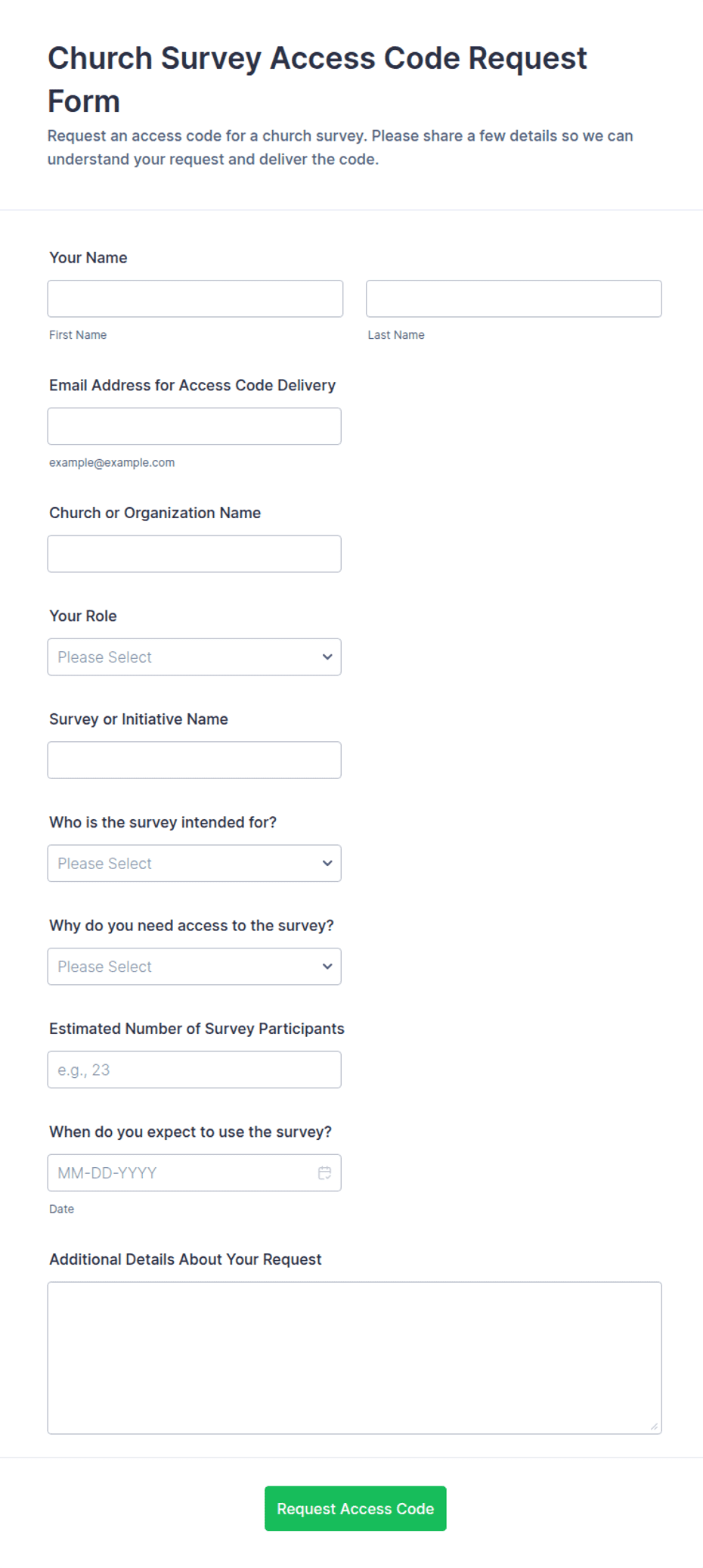 Church Survey Access Code Request Form Template | Jotform