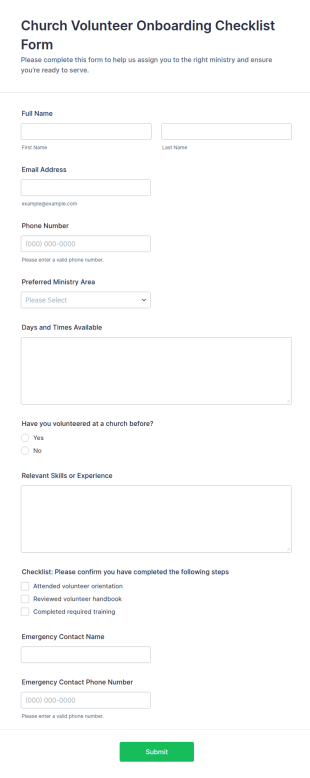 Church Volunteer Onboarding Checklist Form Template