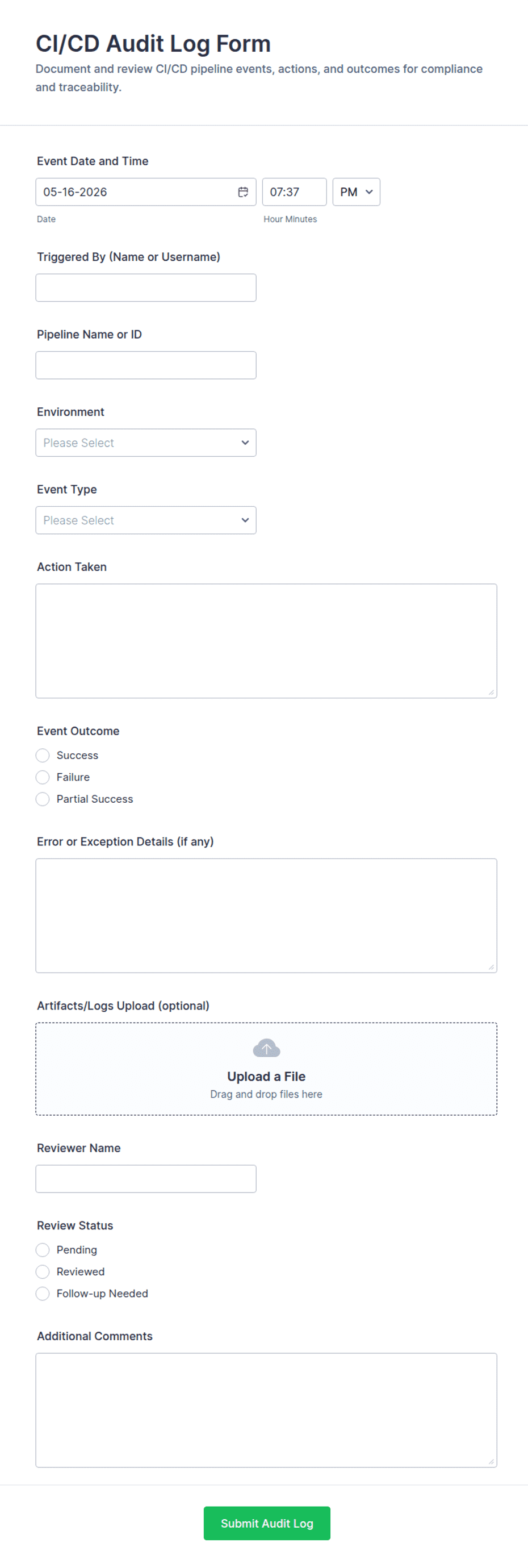 CI/CD Audit Log Form Template | Jotform