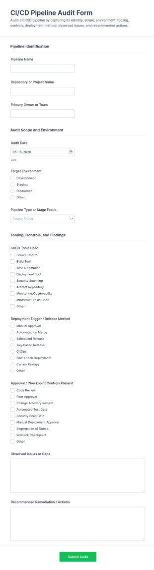 CI/CD Pipeline Audit Form Template