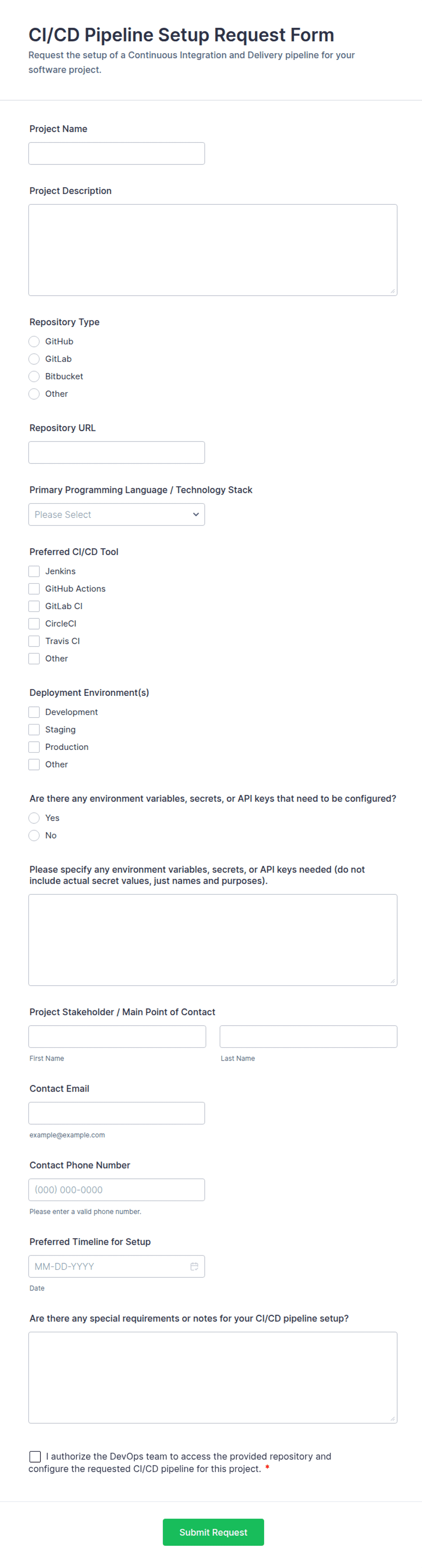 CI/CD Pipeline Setup Request Form Template | Jotform