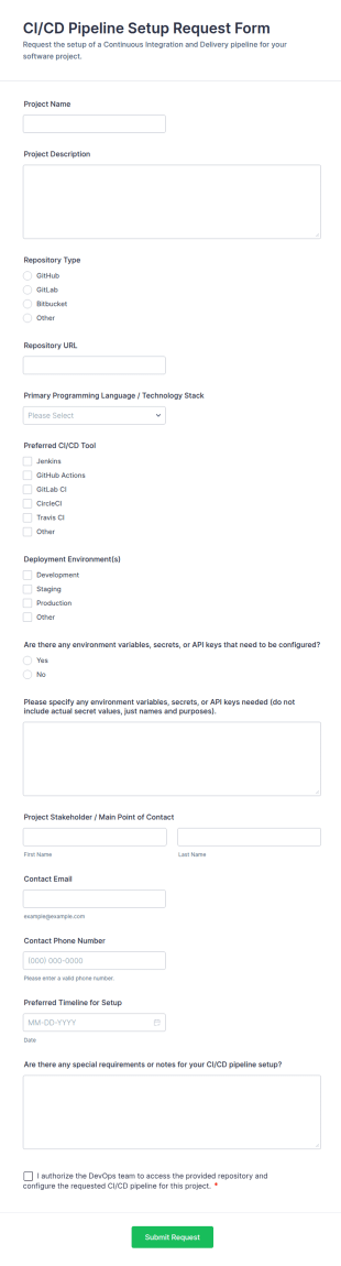 CI/CD Pipeline Setup Request Form Template