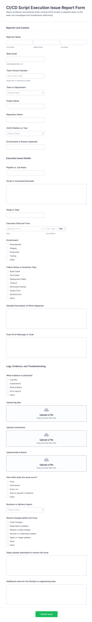CI/CD Script Execution Issue Report Form Template